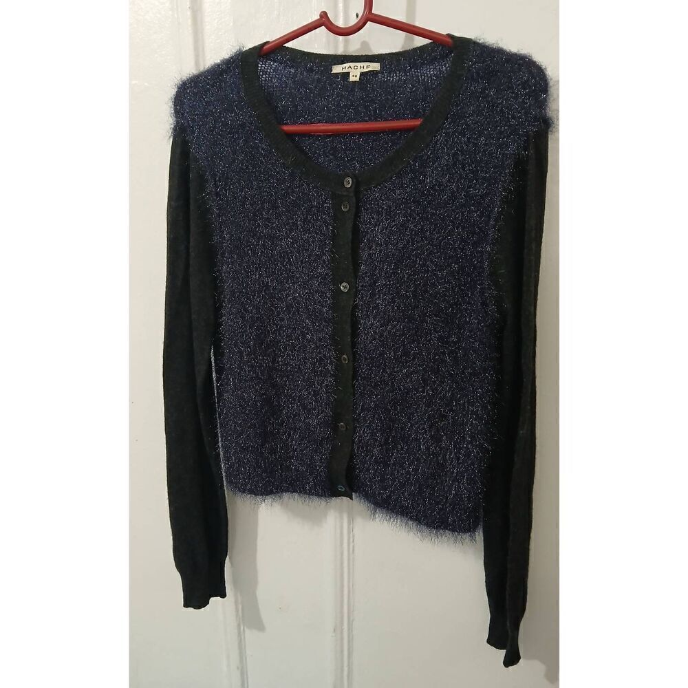 Hache womens medium blue gray glam cardigan Italy sweater polyamide color block